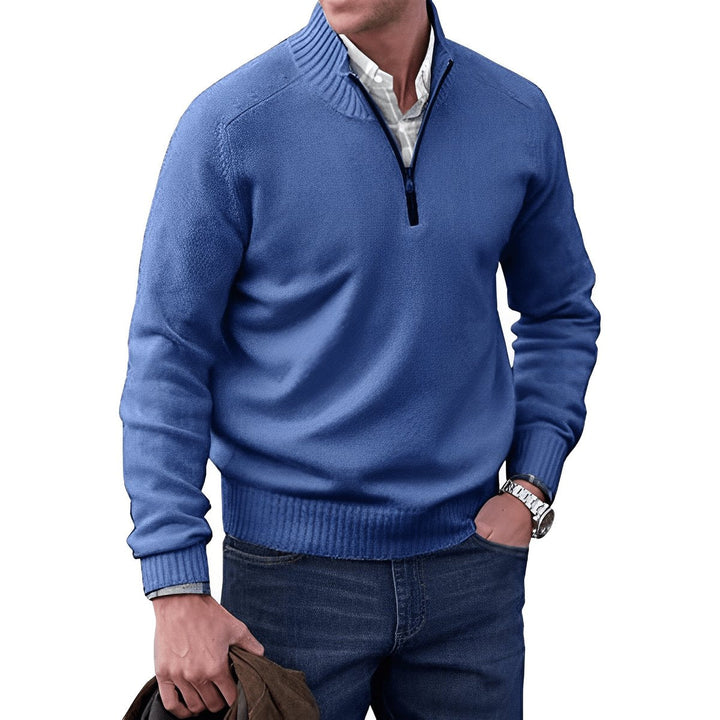 Desmond quarter-zip knit sweater in blue, front view