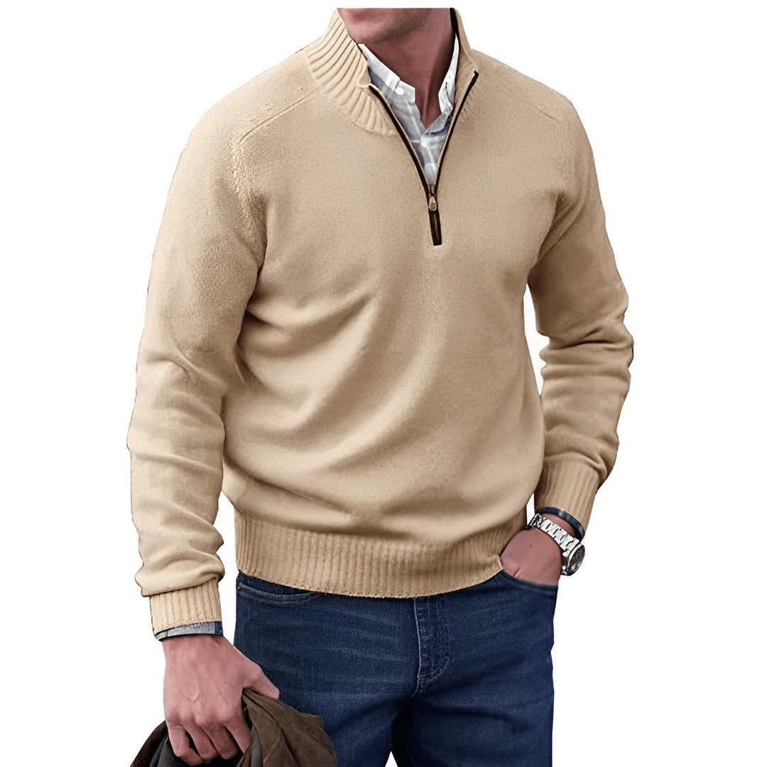 Desmond quarter-zip knit sweater in beige, front view