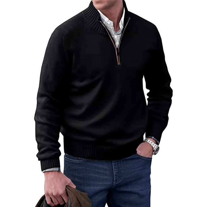 Desmond quarter-zip knit sweater in black, front view