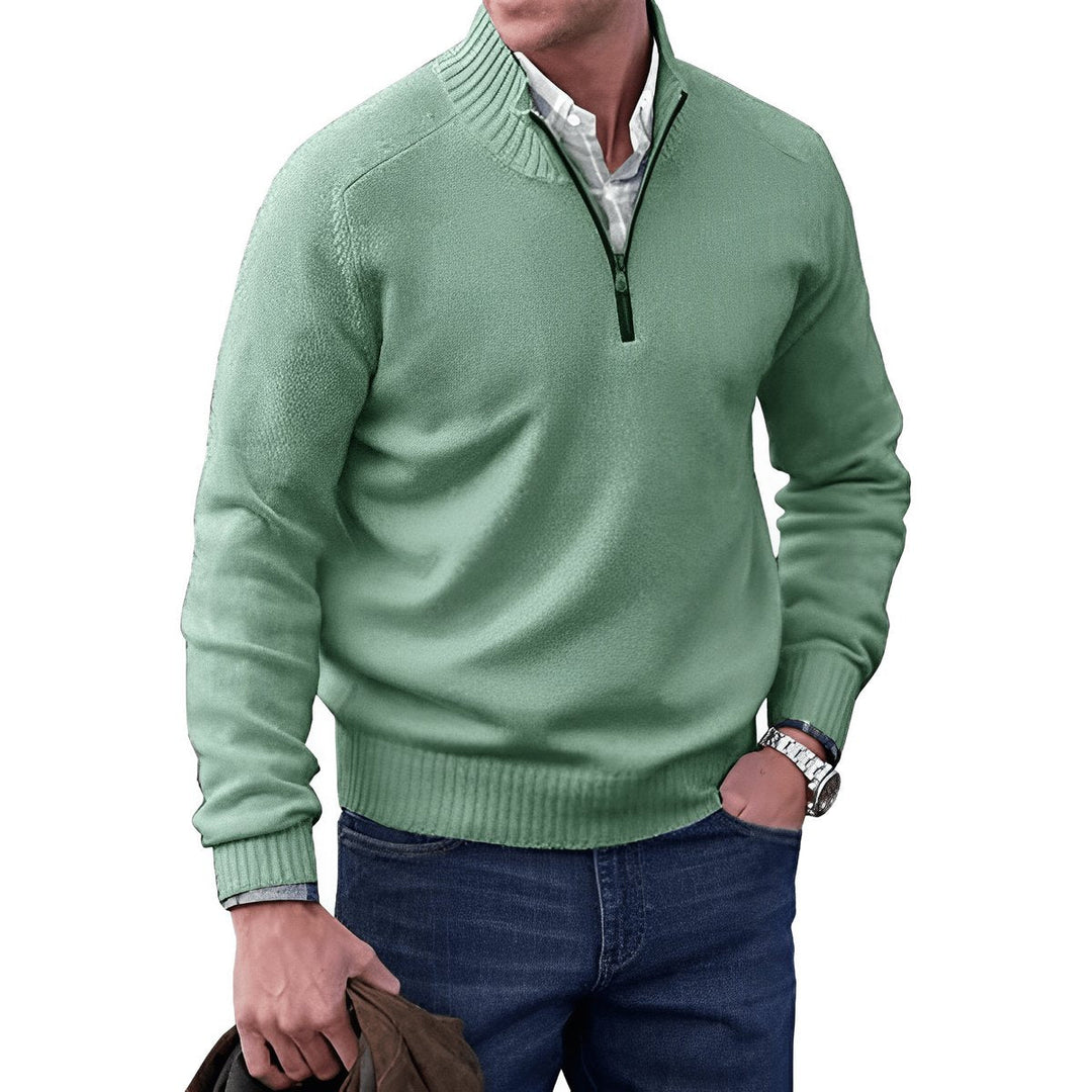 Desmond quarter-zip knit sweater in sage green, front view