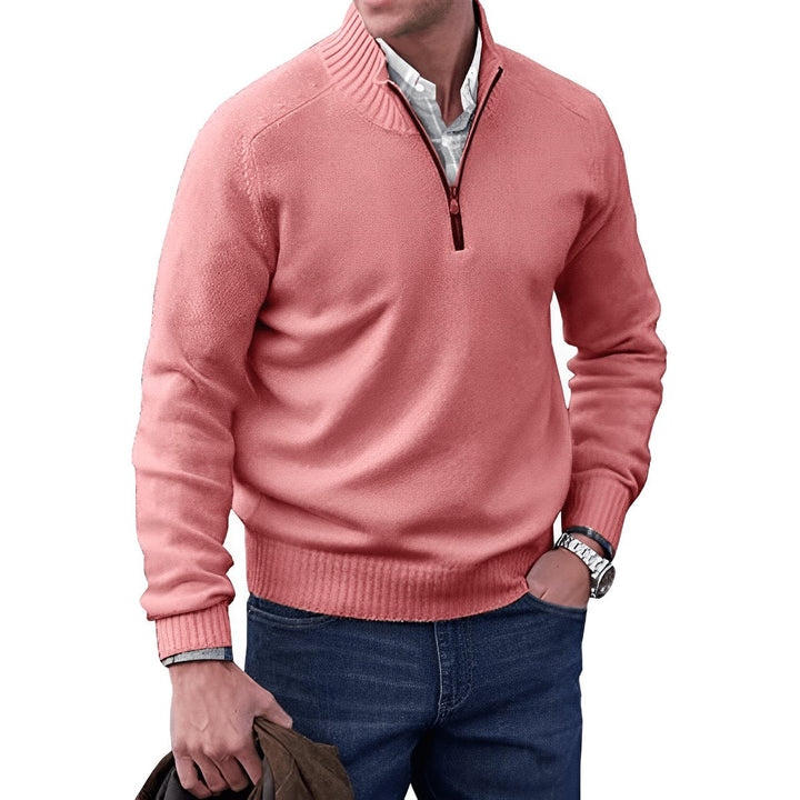 Desmond quarter-zip knit sweater in pink, front view