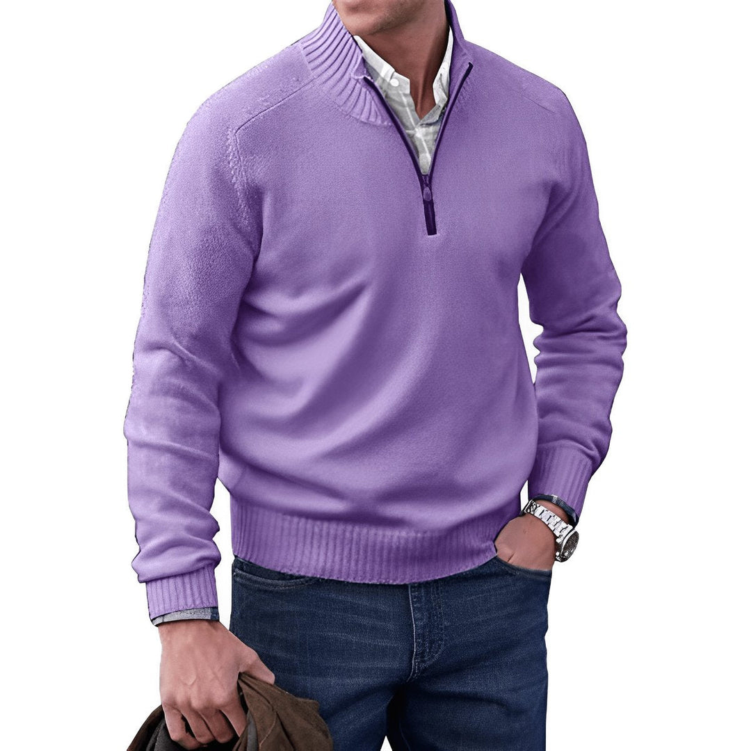 Desmond quarter-zip knit sweater in lavender, front view