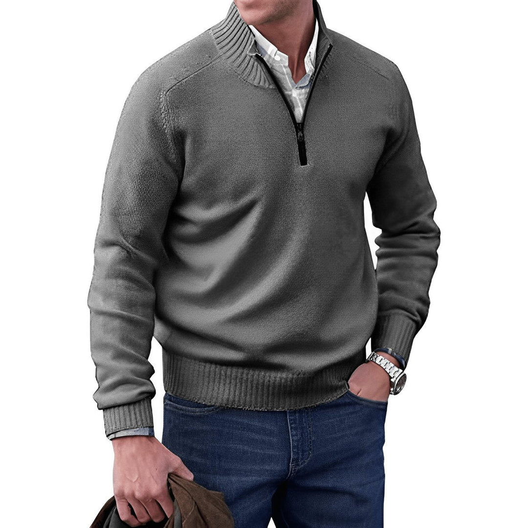 Desmond quarter-zip knit sweater in charcoal gray, front view