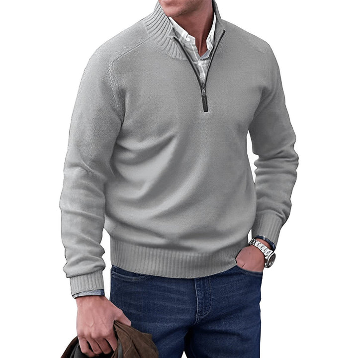 Desmond quarter-zip knit sweater in light gray, front view