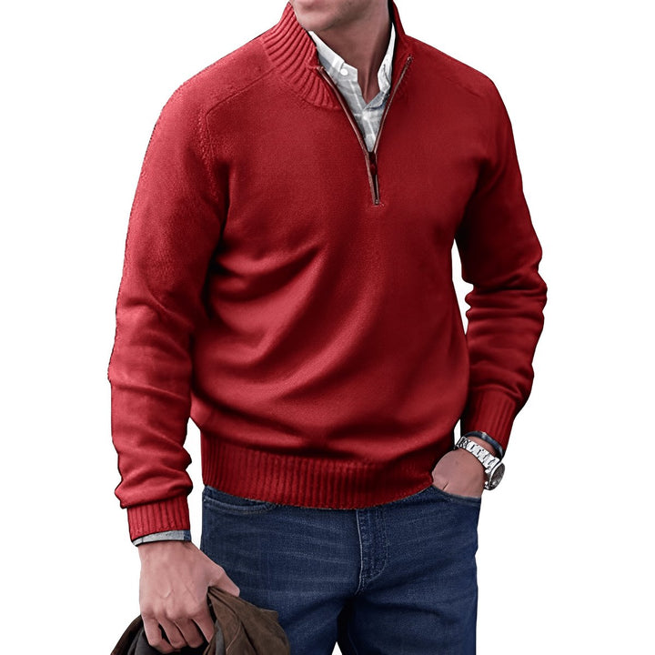 Desmond quarter-zip knit sweater in red, front view