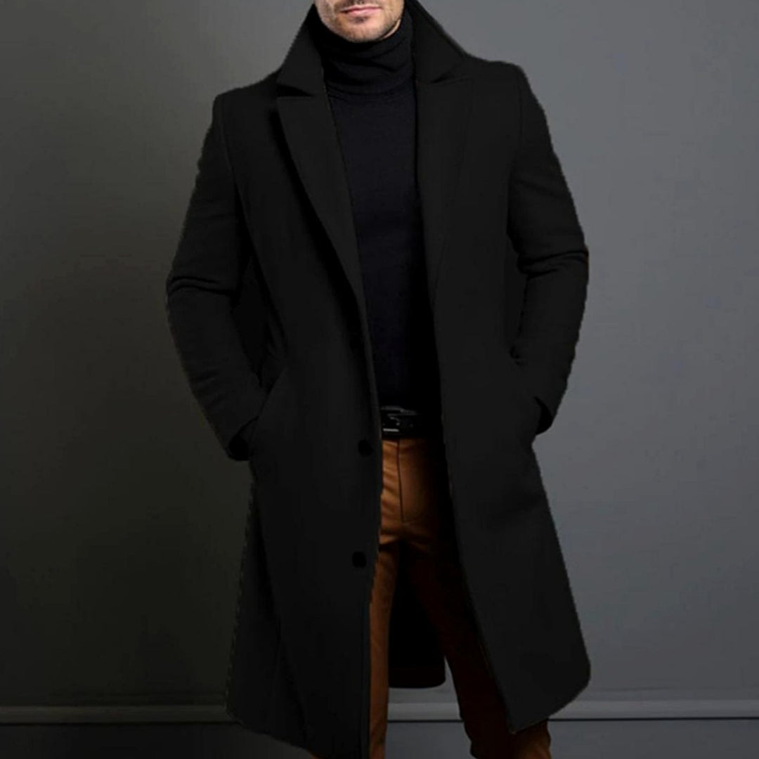 Desmond black tailored long overcoat with notched lapel, front view