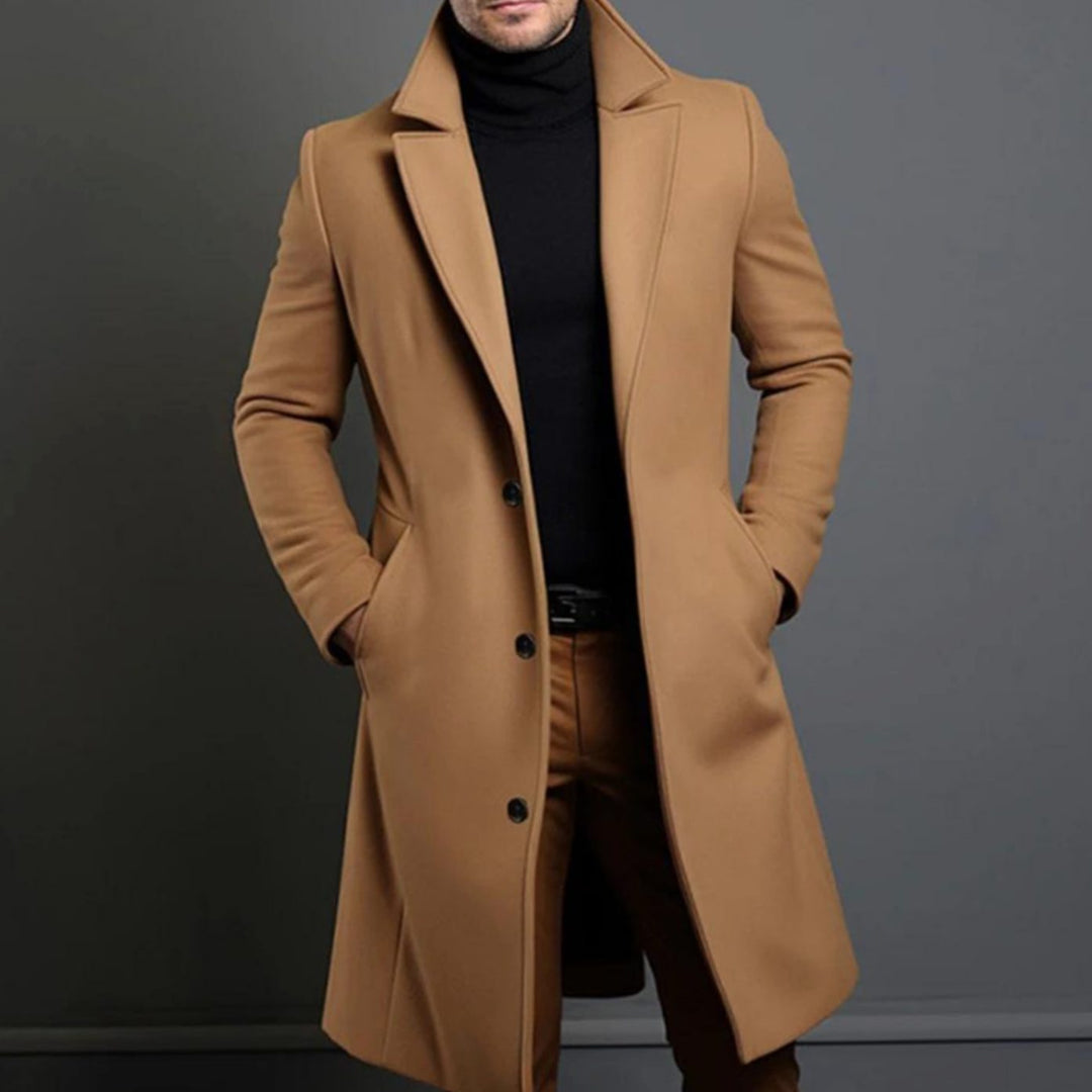 Desmond camel single-breasted long overcoat with notched lapel, front view