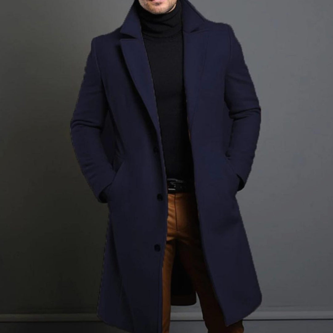 Desmond navy blue single-breasted long overcoat with notched lapel, front view