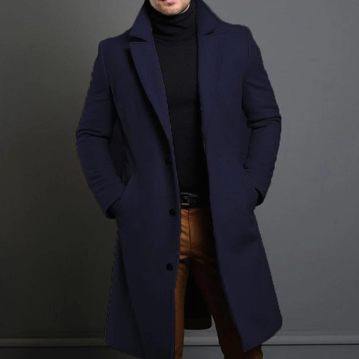 Desmond navy blue single-breasted long overcoat with notched lapel, front view