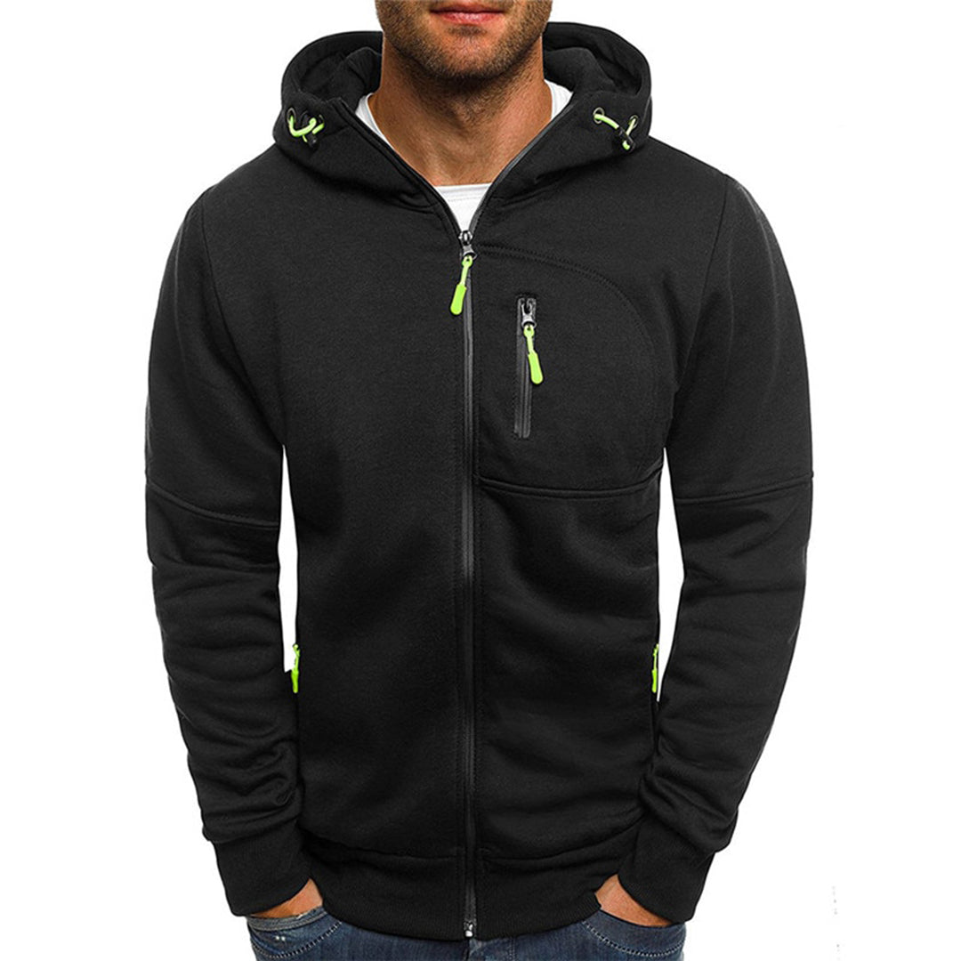 Elias black zip-up hoodie front view with hood up