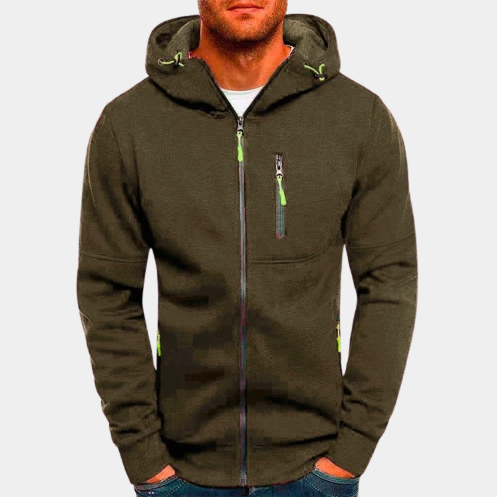Elias olive green zip-up hoodie front view