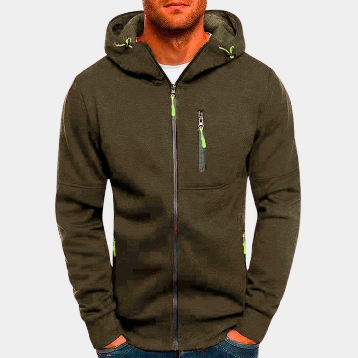 Elias olive green zip-up hoodie front view