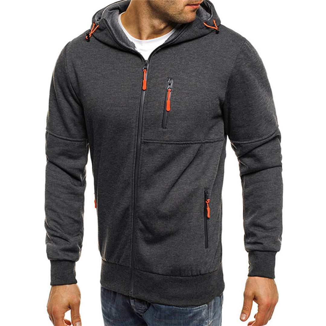 Elias dark gray zip-up hoodie side view close up