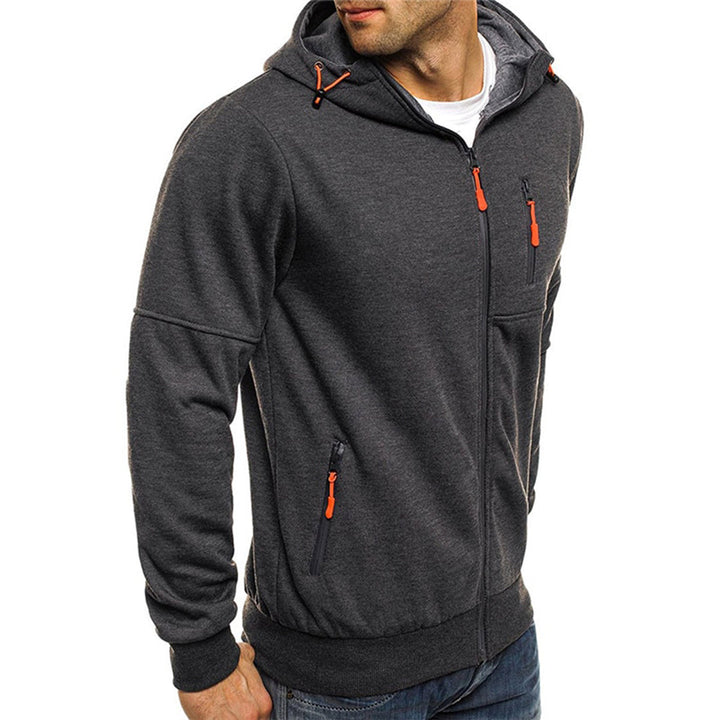 Elias dark gray zip-up hoodie angled side view