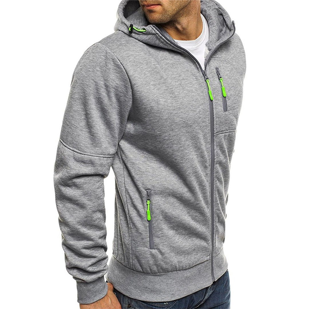 Elias light gray zip-up hoodie side angled view