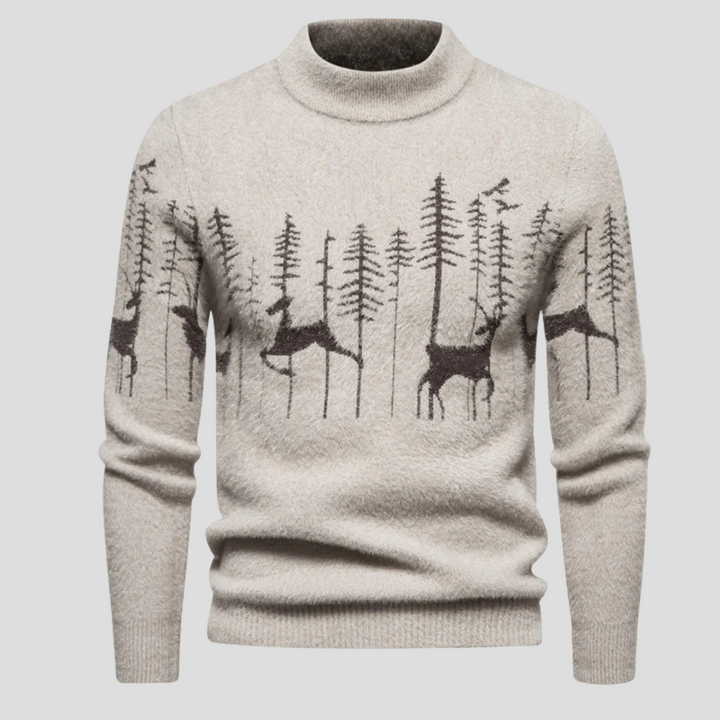 Elias reindeer and forest print turtleneck sweater in beige, front view