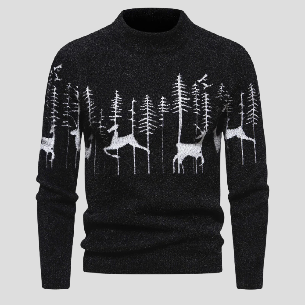 Elias reindeer and forest print turtleneck sweater in black, front view