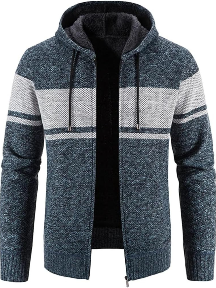 Elliot striped hooded zip cardigan in blue-gray, front view open