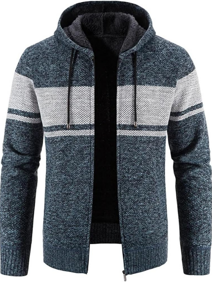 Elliot striped hooded zip cardigan in blue-gray, front view open