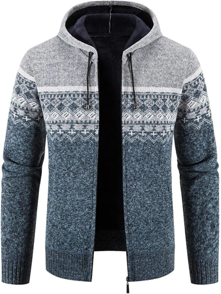 Elliot patterned hooded zip cardigan in light gray-blue, front view open
