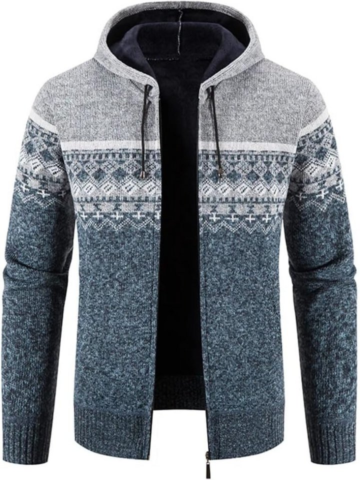 Elliot patterned hooded zip cardigan in light gray-blue, front view open