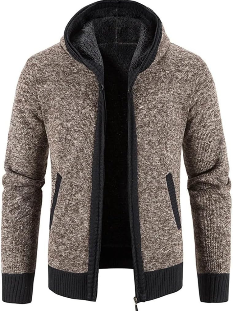 Elliot solid hooded zip cardigan in brown, front view open
