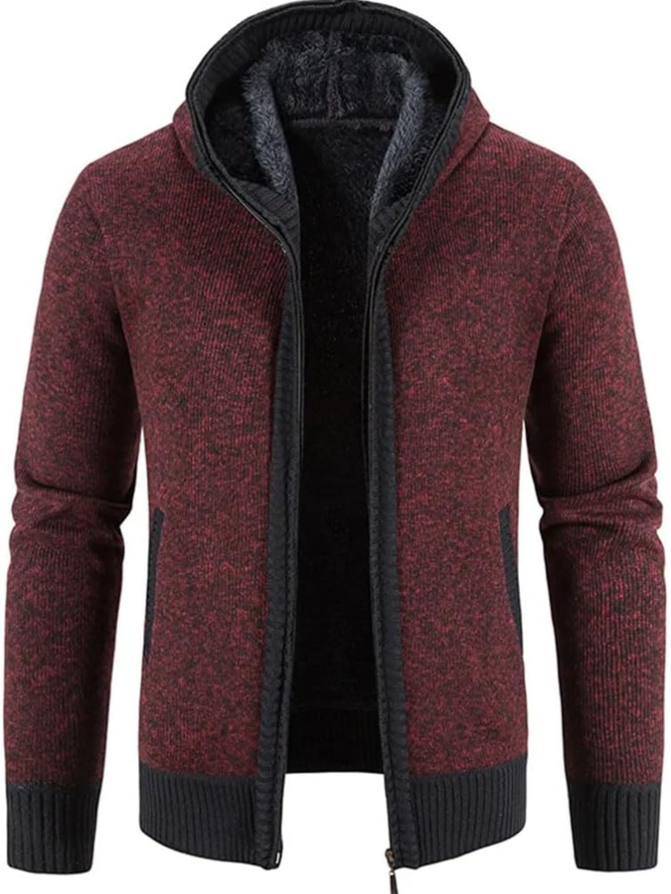 Elliot solid hooded zip cardigan in dark red, front view open