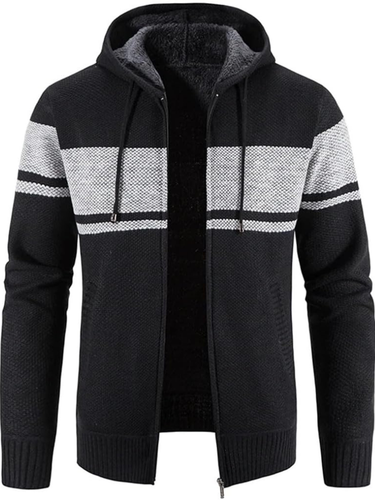 Elliot striped hooded zip cardigan in black, front view open