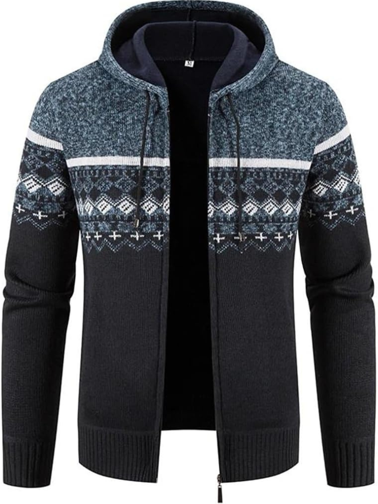Elliot patterned hooded zip cardigan in blue-black, front view open