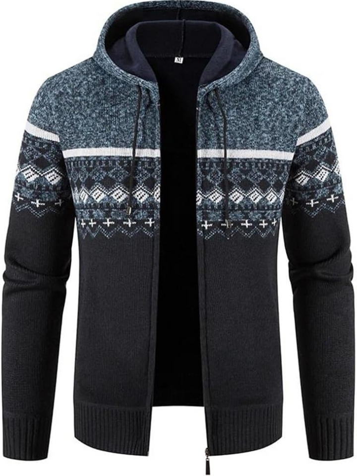 Elliot patterned hooded zip cardigan in blue-black, front view open