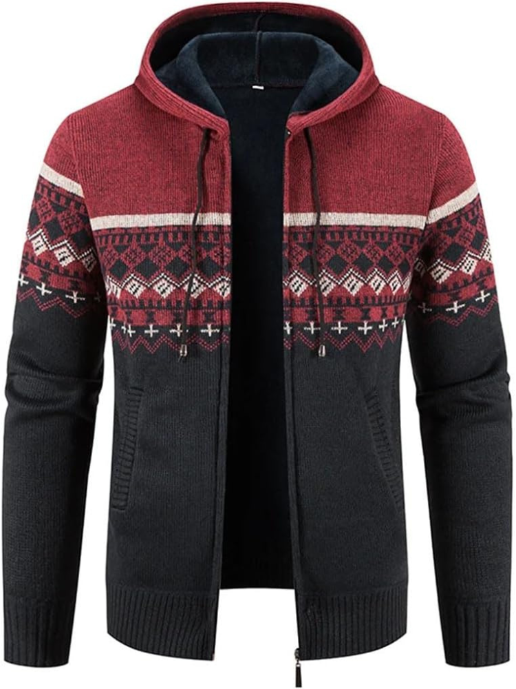 Elliot patterned hooded zip cardigan in red, front view open