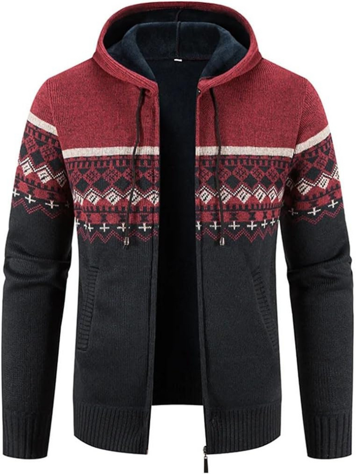 Elliot patterned hooded zip cardigan in red, front view open