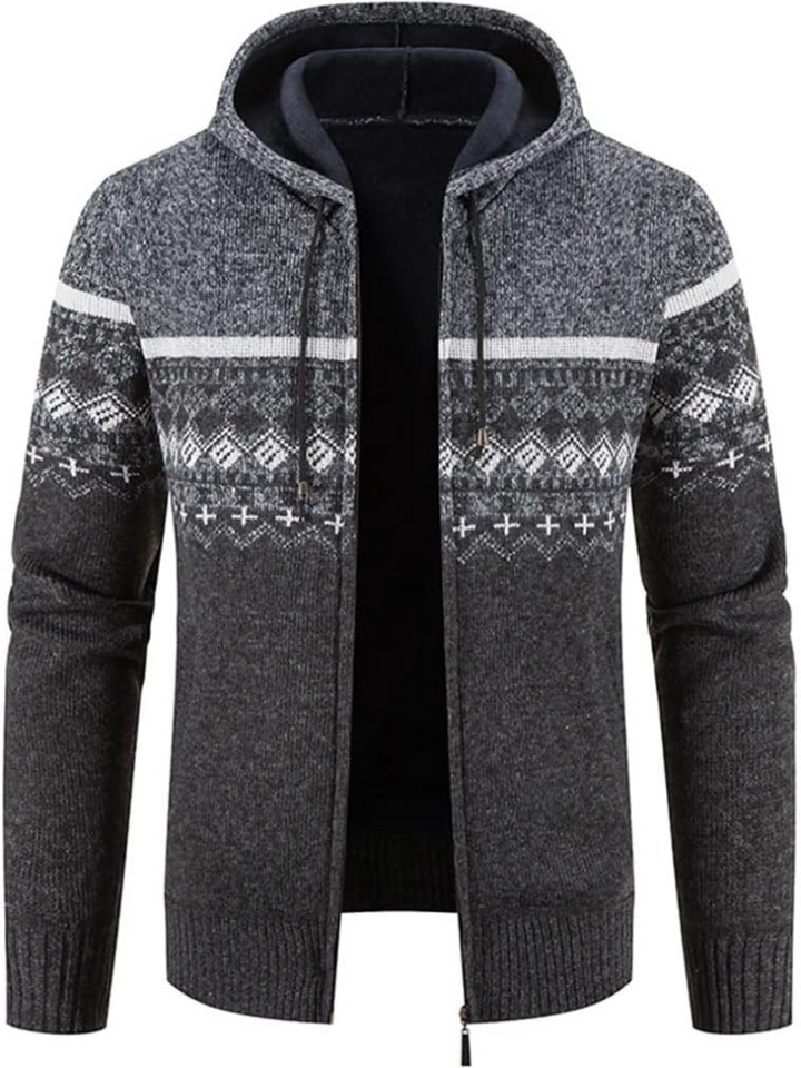 Elliot patterned hooded zip cardigan in gray, front view open