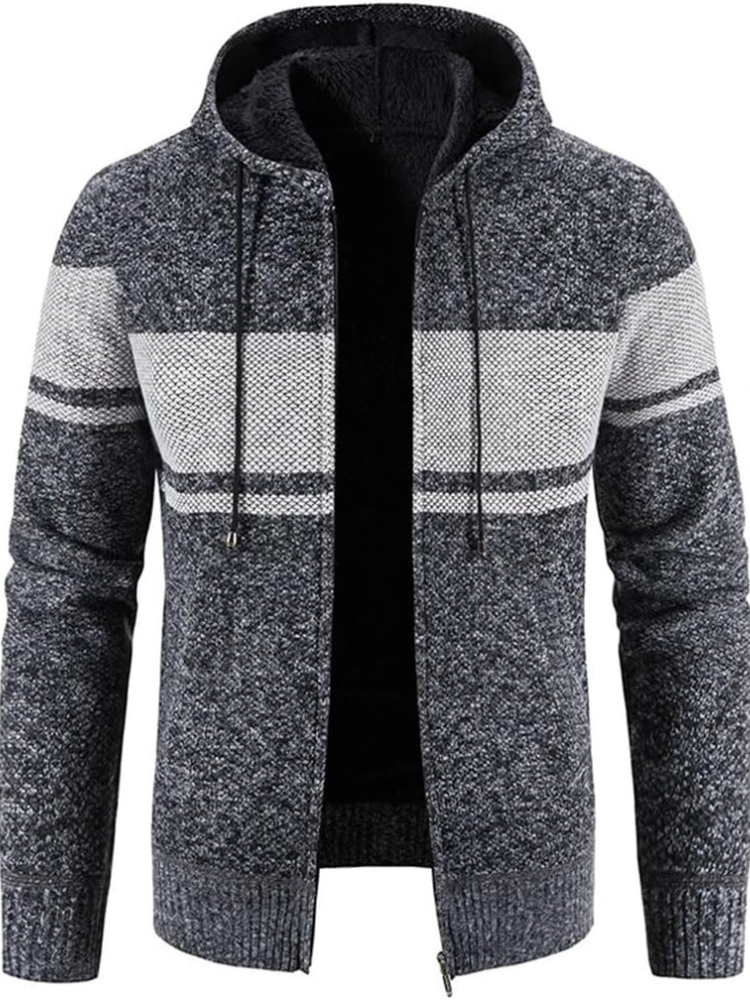 Elliot striped hooded zip cardigan in dark gray, front view open