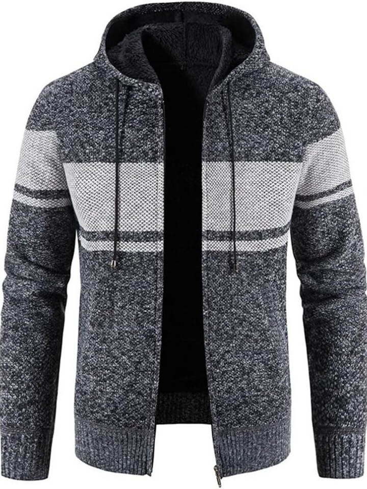 Elliot striped hooded zip cardigan in dark gray, front view open