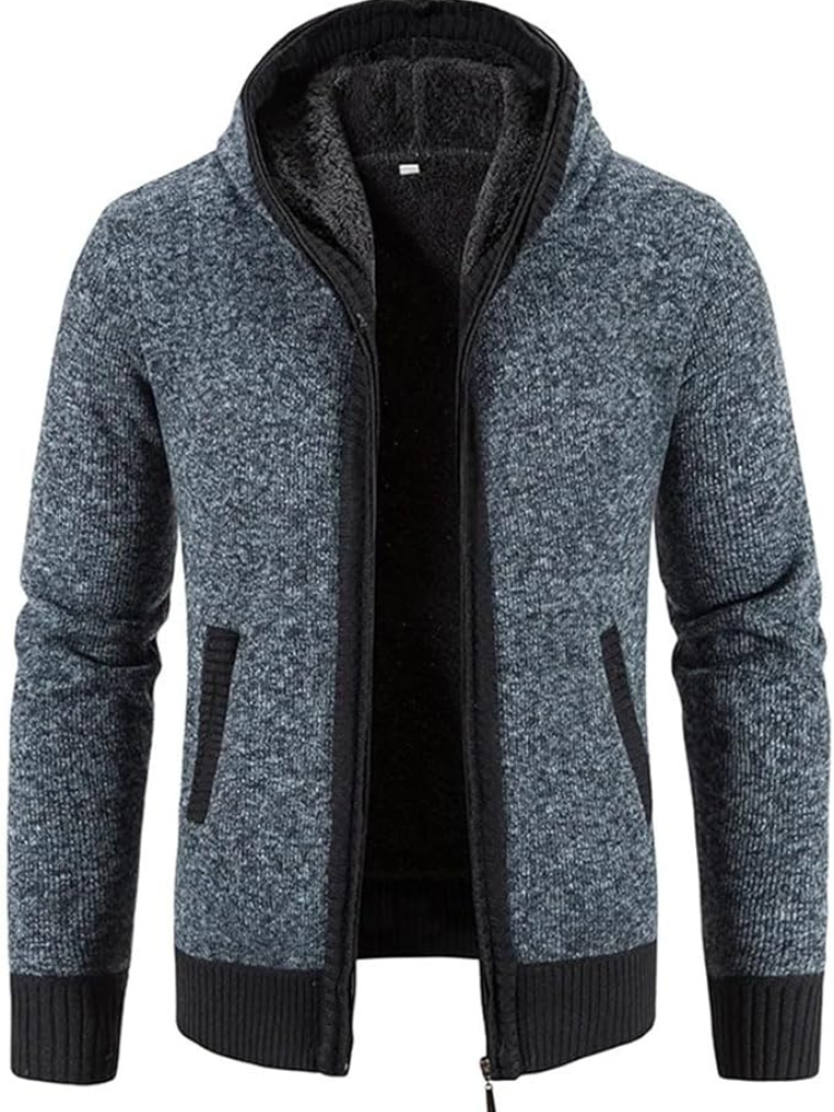 Elliot solid hooded zip cardigan in blue-gray, front view open