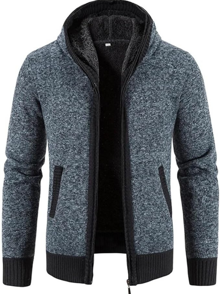 Elliot solid hooded zip cardigan in blue-gray, front view open
