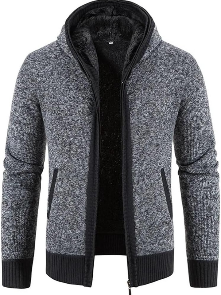 Elliot solid hooded zip cardigan in gray, front view open