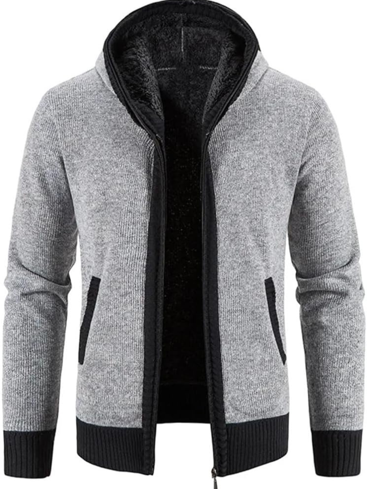 Elliot solid hooded zip cardigan in light gray, front view open