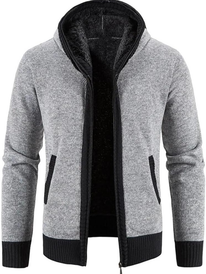 Elliot solid hooded zip cardigan in light gray, front view open