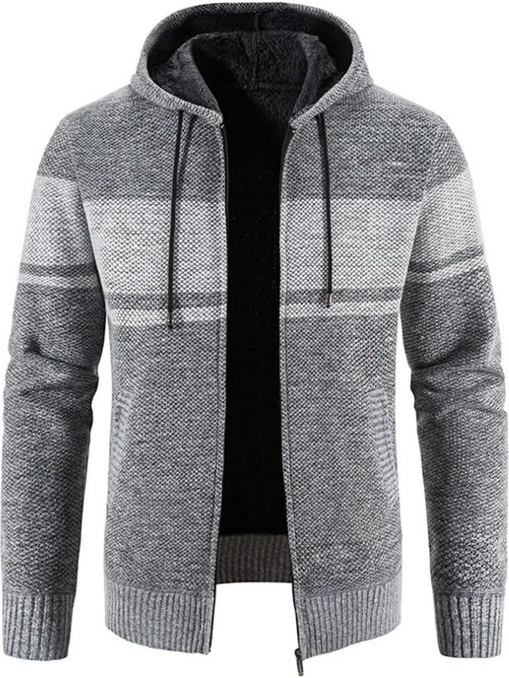 Elliot striped hooded zip cardigan in light gray, front view open