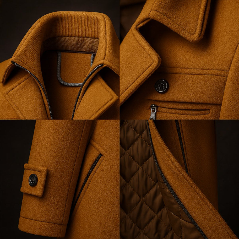 Emerson overcoat collar and pocket detail close-up