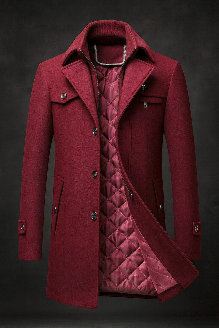 Emerson winter overcoat in burgundy, front view