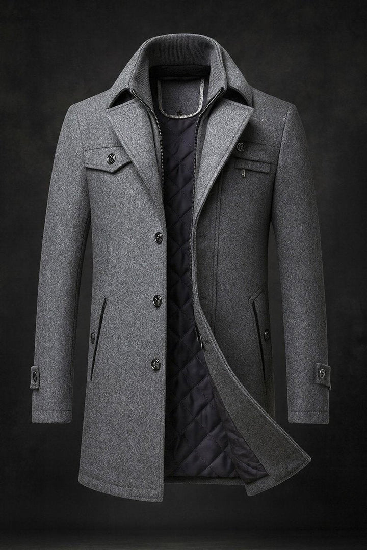 Emerson winter overcoat in gray, front view