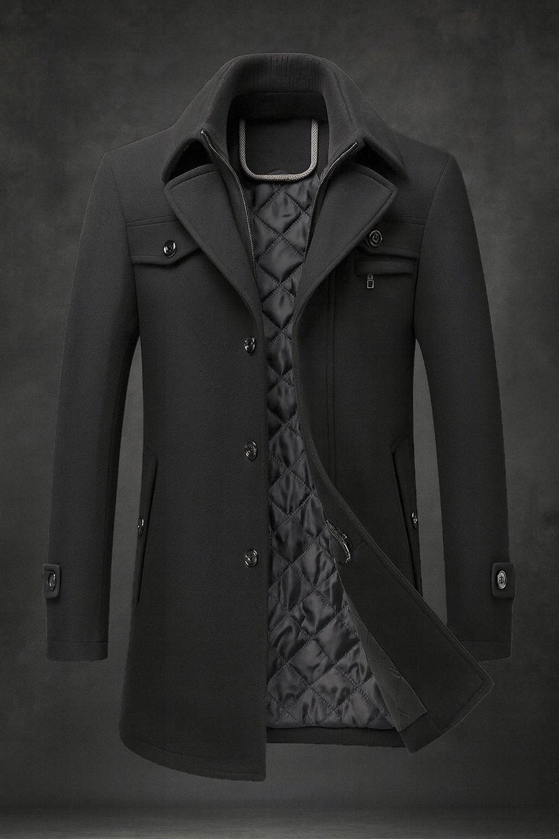 Emerson winter overcoat in black, front view