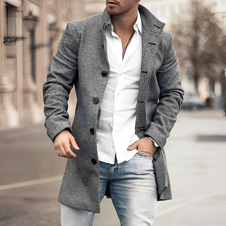 Emerson tailored long coat with button front closure, front view