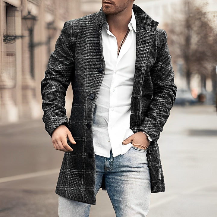 Emerson tailored long coat in dark textured pattern, close front detail