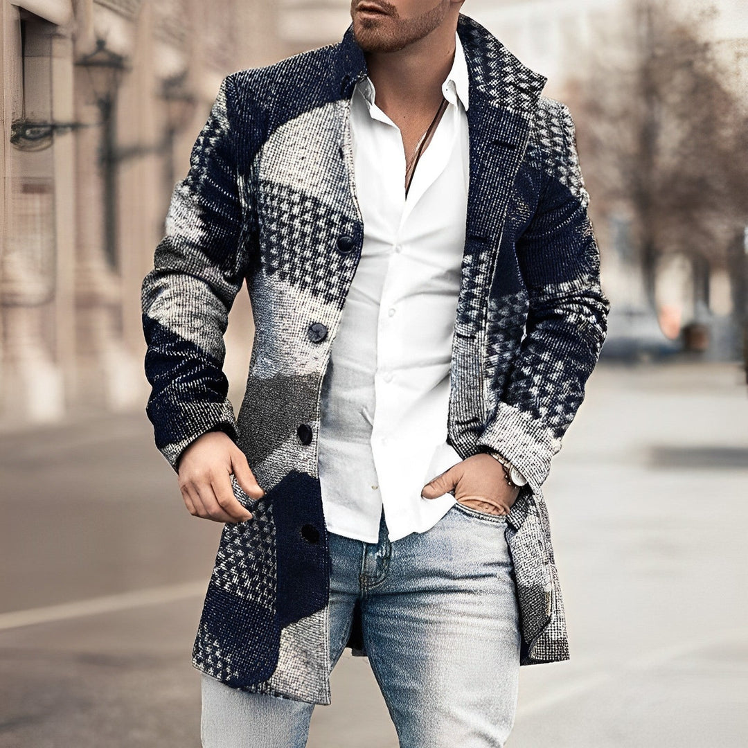 Emerson tailored long coat in blended pattern design, front view