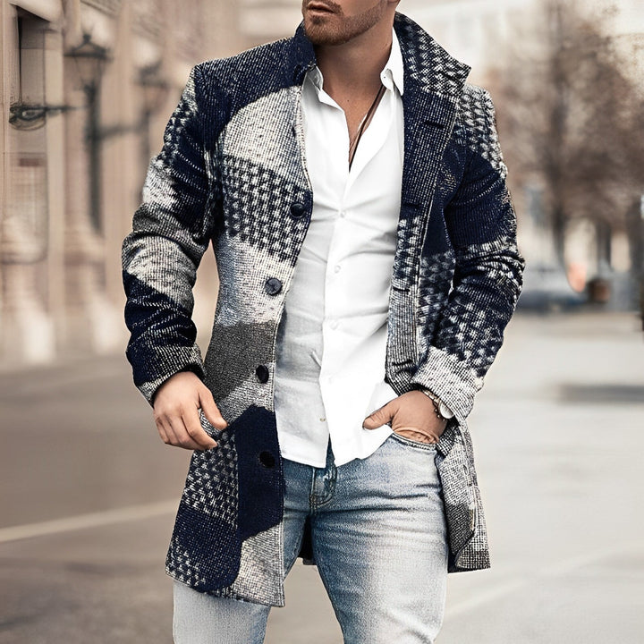 Emerson tailored long coat in blended pattern design, front view
