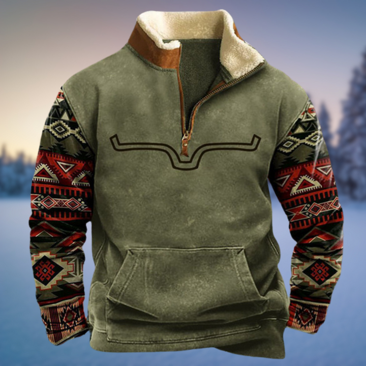 Emmett Aztec quarter zip fleece pullover in green, front view